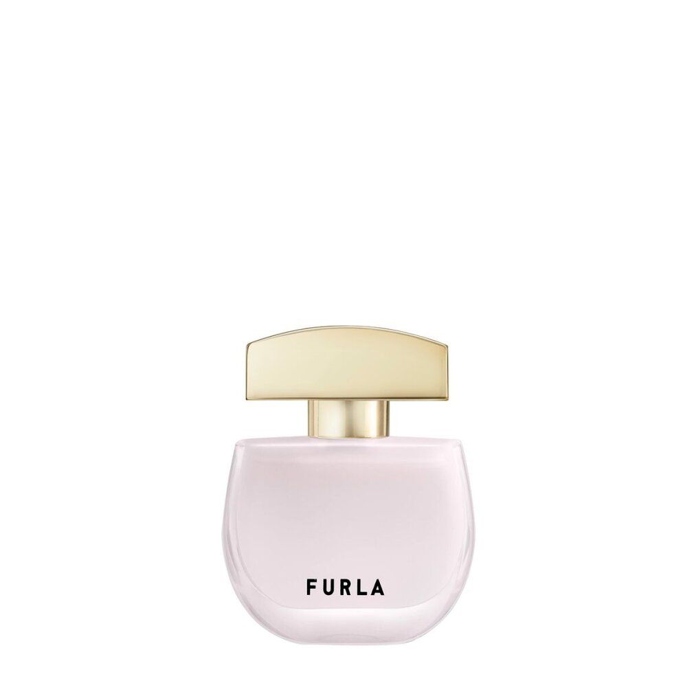 Een vloeibaar parfum in een roze glazen fles met een gouden dop. "FURLA" is op de voorkant gedrukt.
