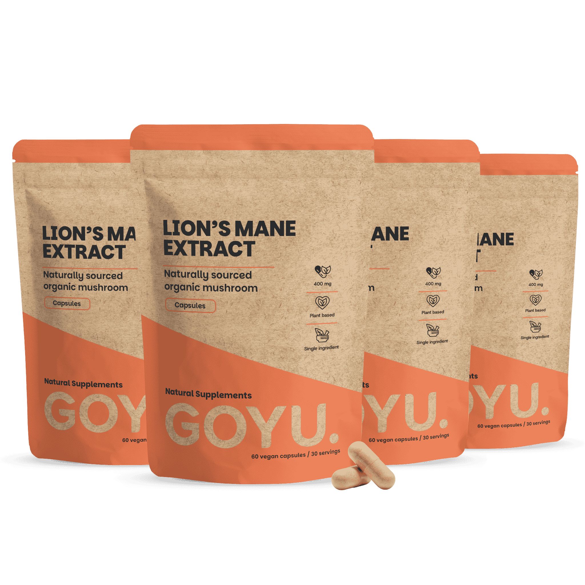 Quatre sachets d'extrait de crinière de lion, sachets naturels avec inscription orange.
