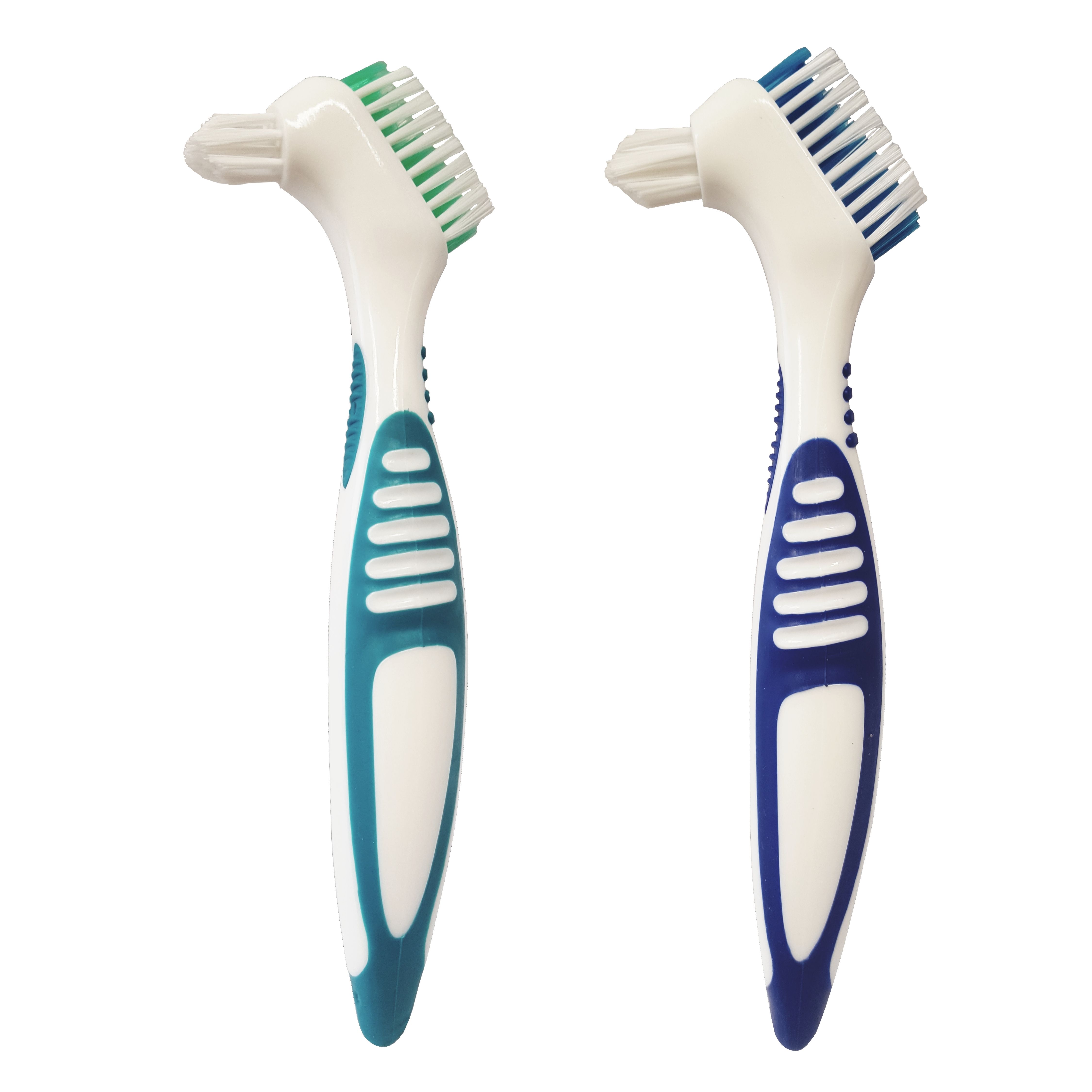 Deux brosses à prothèses avec manches verts et bleus. Têtes de brosse blanches avec poils colorés.