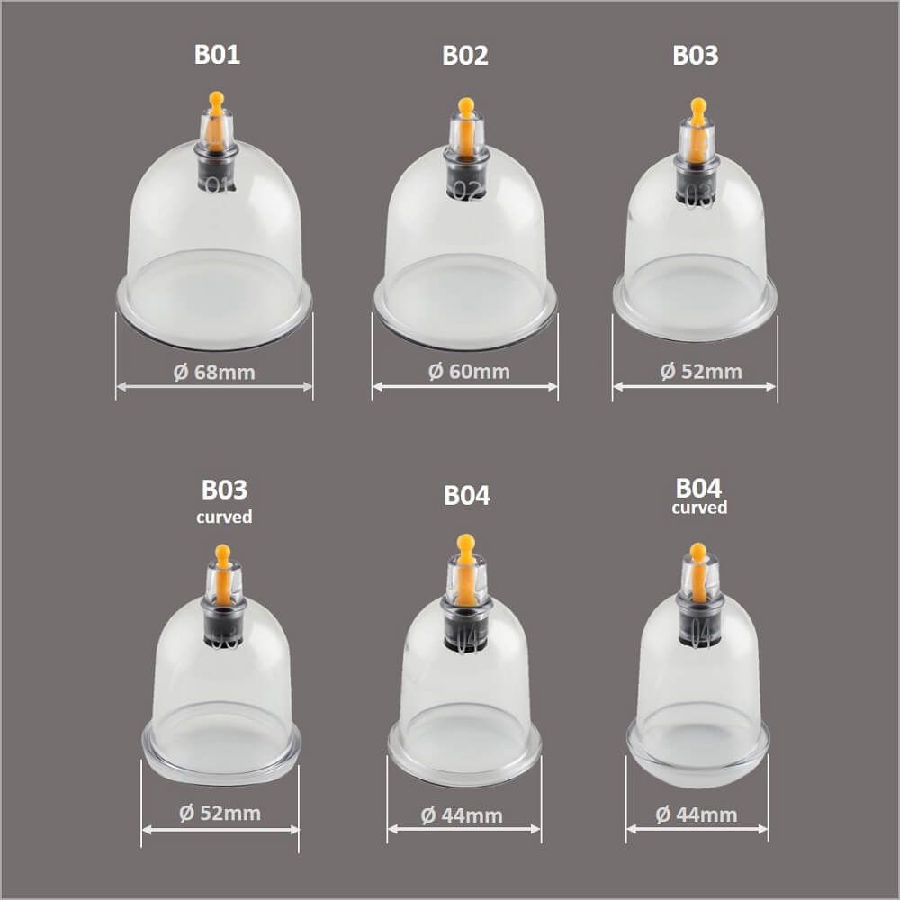 Six gobelets de ventouses avec des diamètres de 44mm à 68mm, incluant des valves pour réguler la pression.