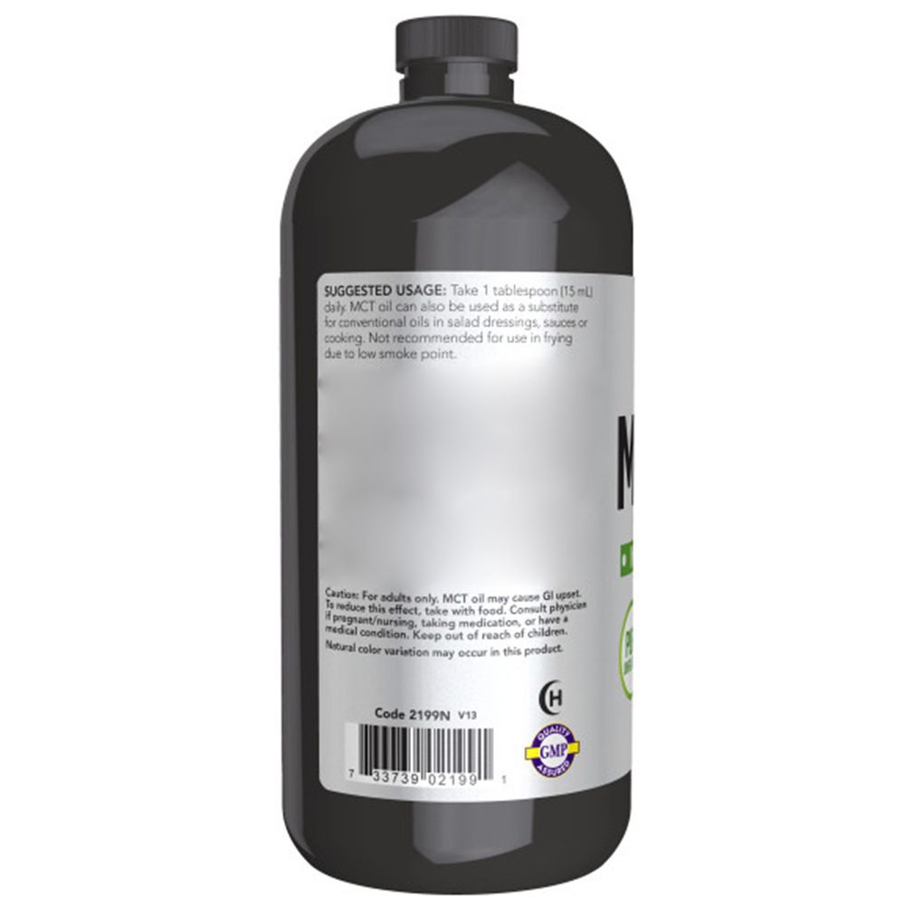 Bouteille noire avec étiquette blanche. Inscription : MCT Oil. Contient des informations d'utilisation et des avertissements.