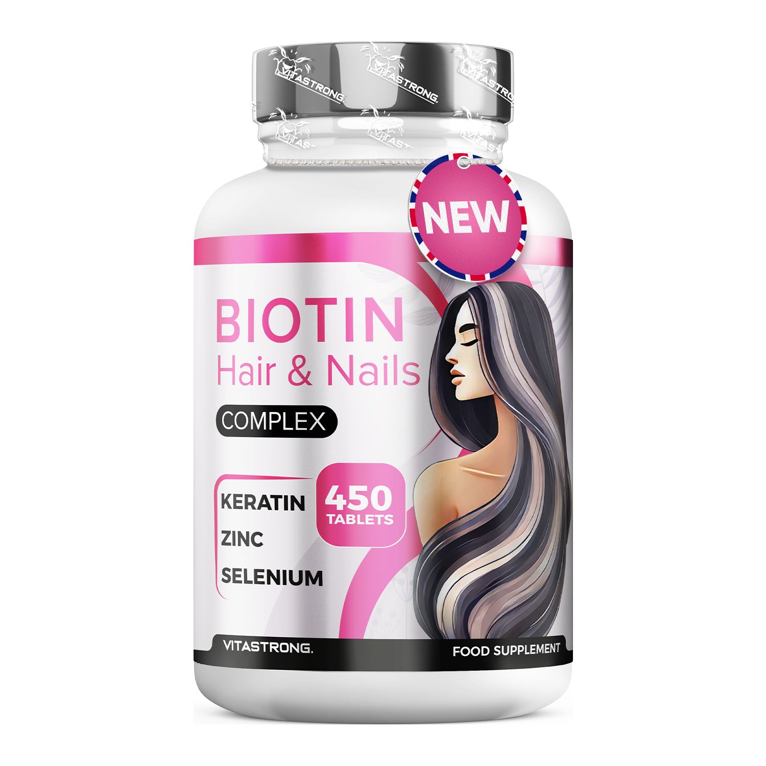 Witte fles met "BIOTIN Hair & Nails COMPLEX" label. Bevat 450 tabletten. Afbeelding van een vrouw met lang haar.