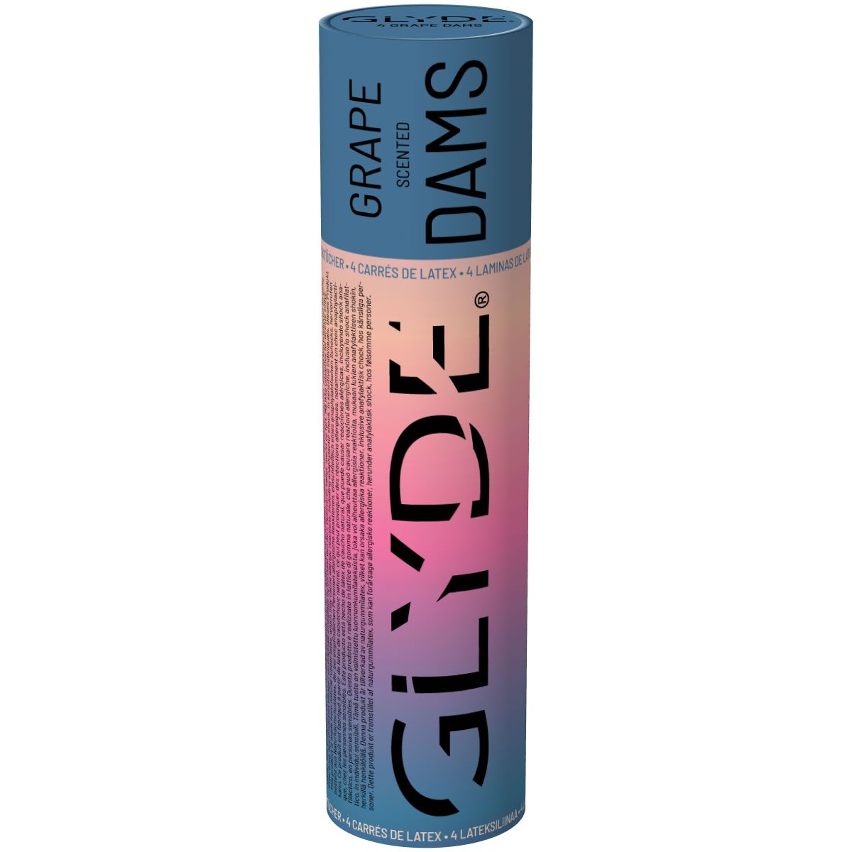 Emballage cylindrique GLYDE DAMS, parfum raisin, 4 carrés de latex. Dégradé bleu et rose.