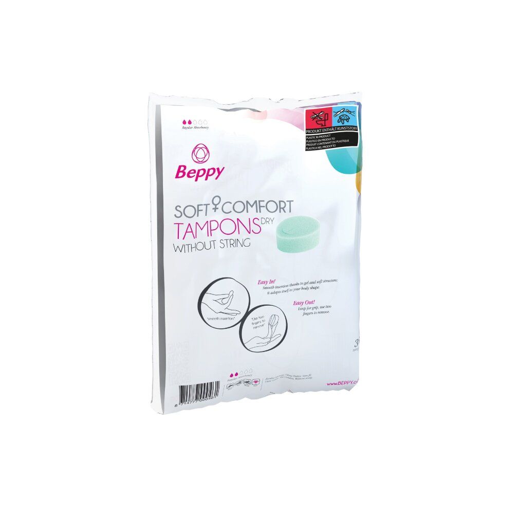 Emballage de tampons Beppy DRY Soft + Comfort sans fil. Montre un modèle de tampon vert. Contient 3 pièces. Illustrations d'utilisation. Marque et nom du produit visibles.
