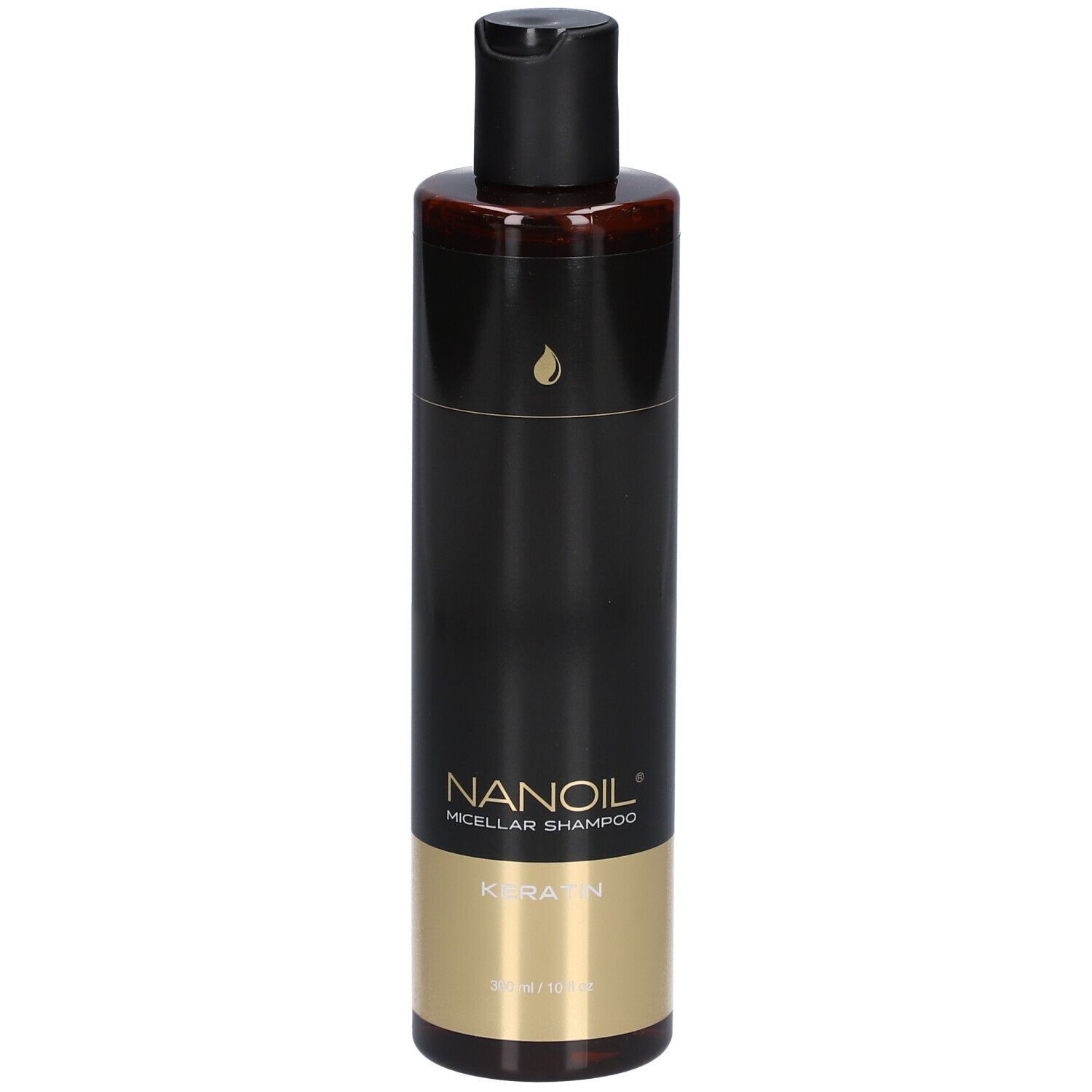 Zwarte fles met gouden band, Nanoil Micellar Shampoo Keratine, 300ml.