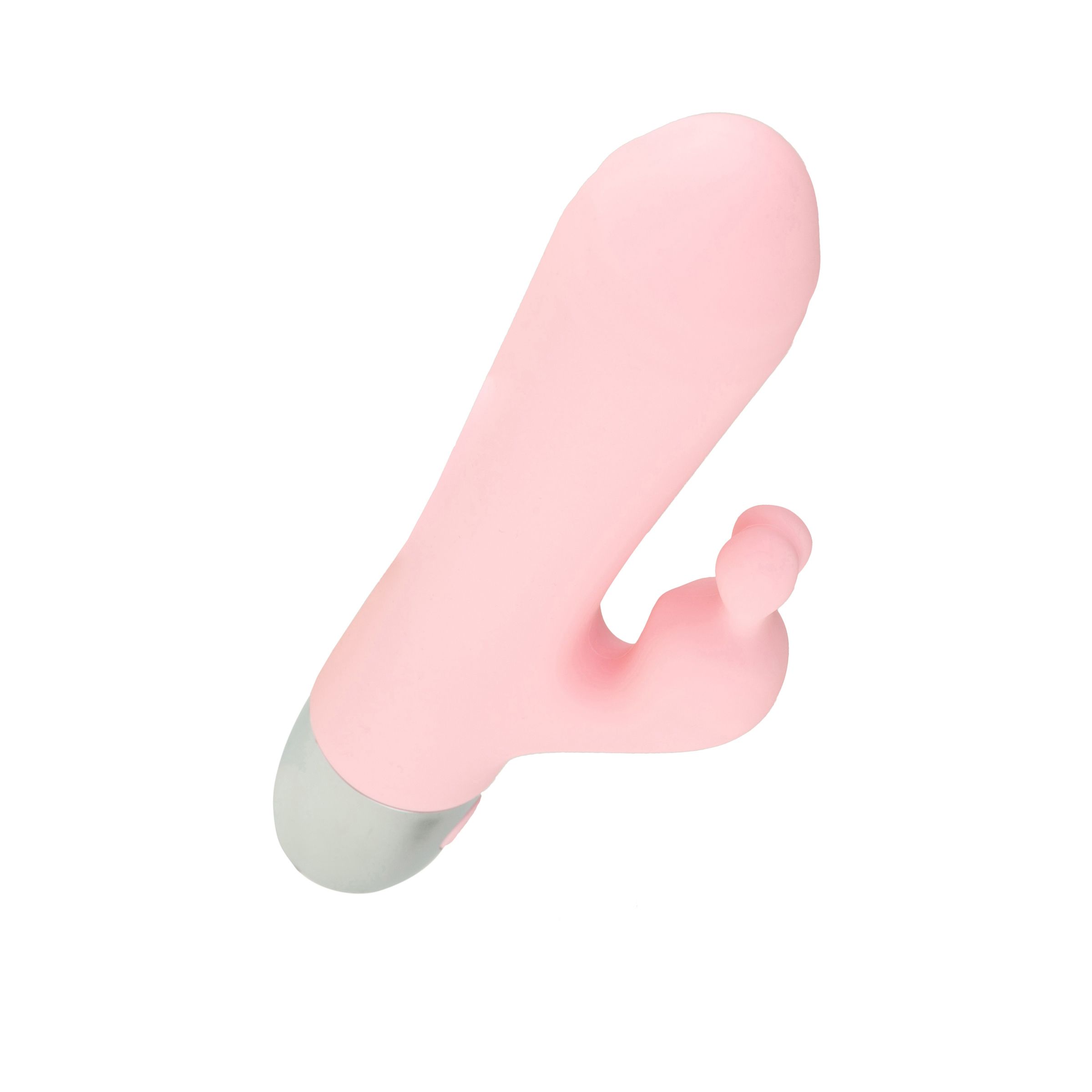 Vibromasseur rose avec forme incurvée, accessoire et bout arrondi. Zone grise en bas. Fabriqué en matériau souple.