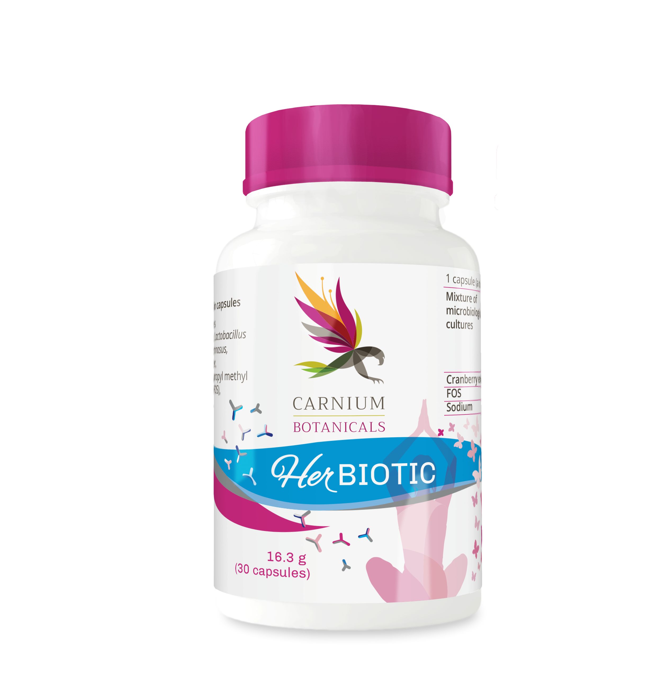 Witte fles met roze dop. Opschrift: Carnium Botanicals HerBiotic. Bevat 30 capsules. Etiket met ingrediënten.