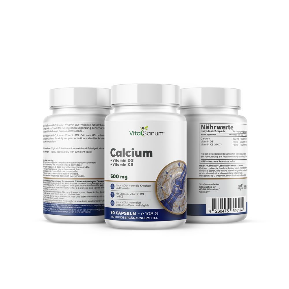 Trois bouteilles de VitaSanum Calcium + Vitamine D3 + Vitamine K2, 90 gélules.