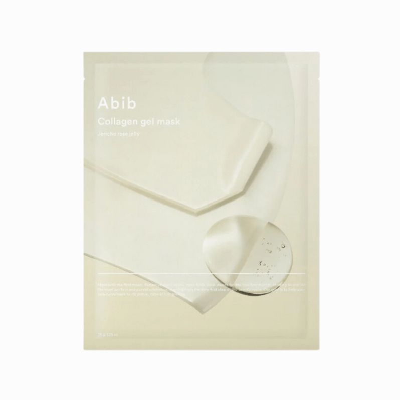 Abib Collagen Gel Mask. Witte verpakking met productnaam en transparante elementen. Opschrift: Collagen gel mask.