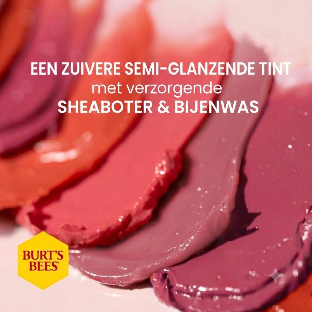 Meerdere strepen lippenkleur in roze tinten, met het Burt's Bees logo.