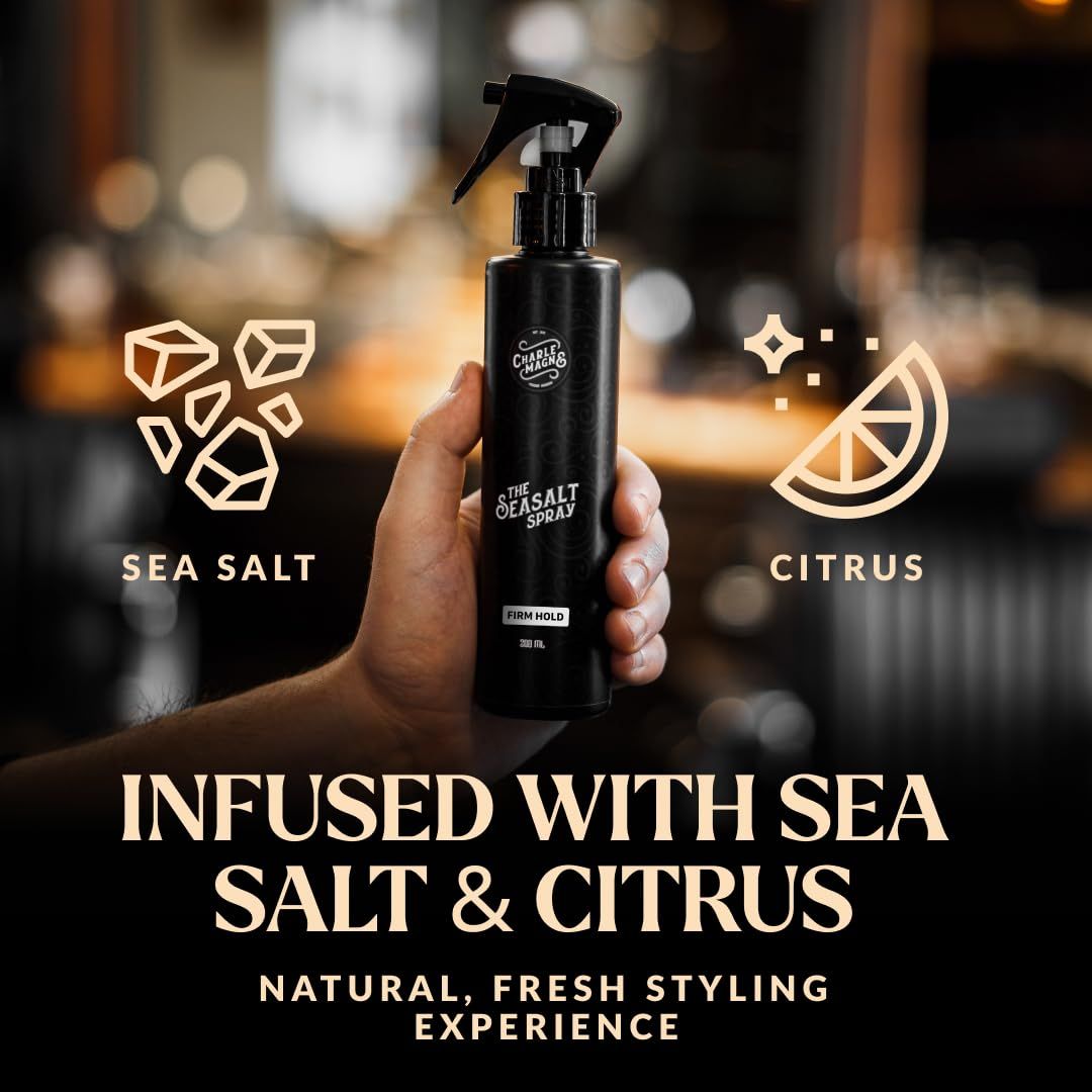 Flacon Charles Magnus The Seasalt Spray, infusé de sel marin et de citron pour un coiffage frais.