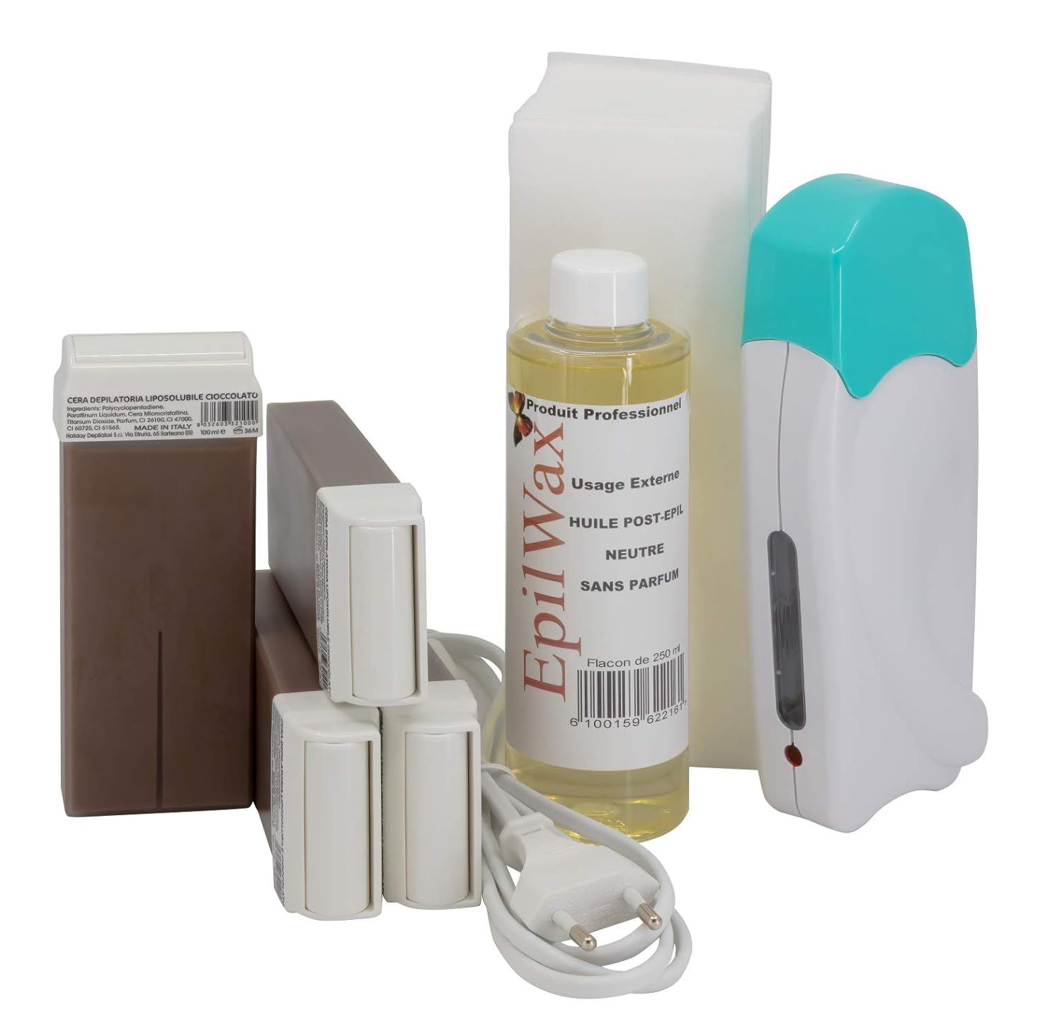Waxverwarmerset met wax, olie, vliesstrips en waxverwarmer. Waxverwarmer wit-turkoois. Olie fles met etiket.