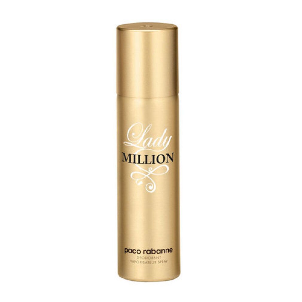Gouden deodorant spray van Paco Rabanne Lady Million. Met witte tekst Lady Million en Paco Rabanne.