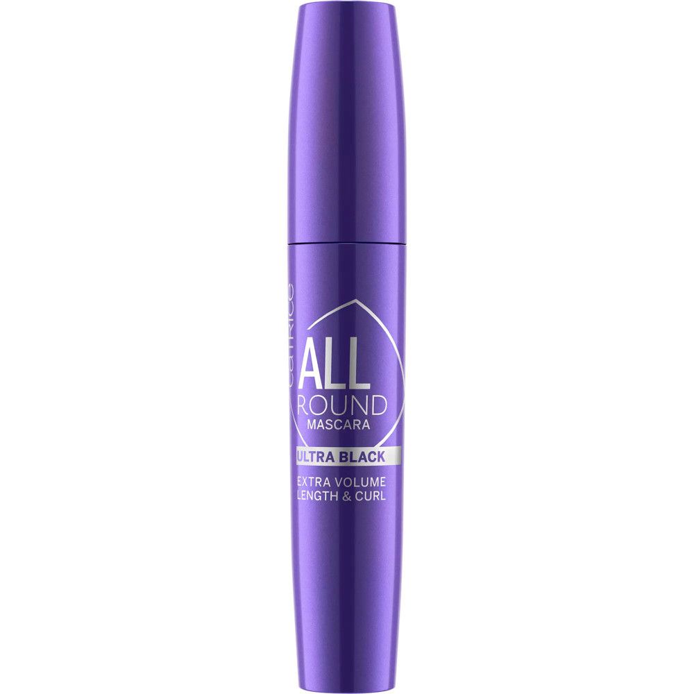 Paarse mascaratube met zwarte dop. Opschrift: ALL ROUND MASCARA ULTRA BLACK. Extra volume, lengte & krul.