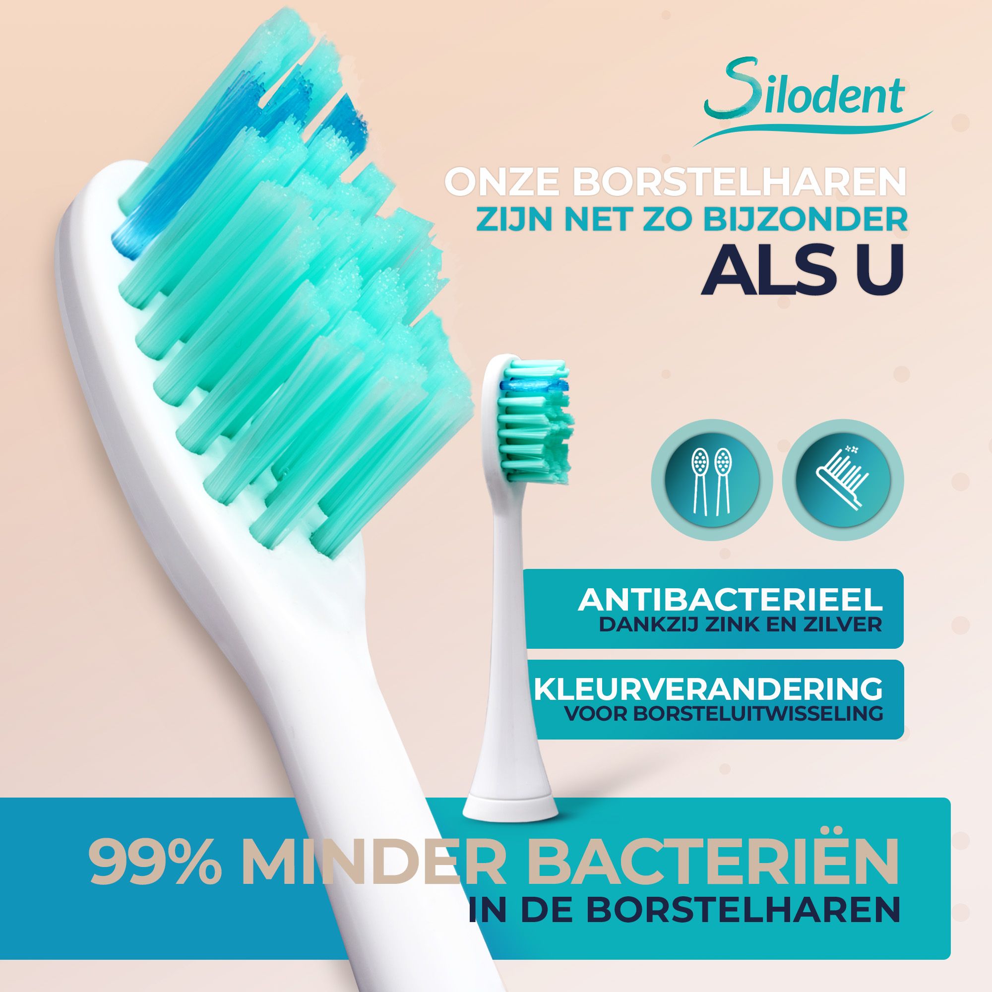 Koppel met Silodent sonische tandenborstels in blauw en roze. Testaanbieding "100 dagen proberen".