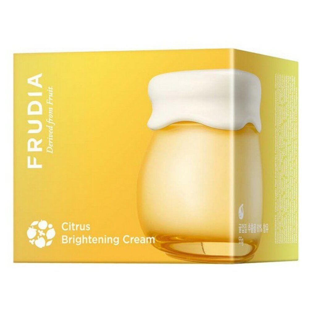 Frudia Citrus Brightening Cream dans une boîte jaune. Récipient en verre avec un couvercle blanc.