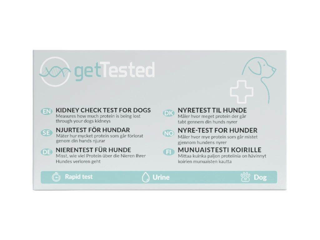 Boîte avec texte et logo : getTested. Contient des informations sur le test rénal pour chiens en plusieurs langues. Illustration d'un chien.