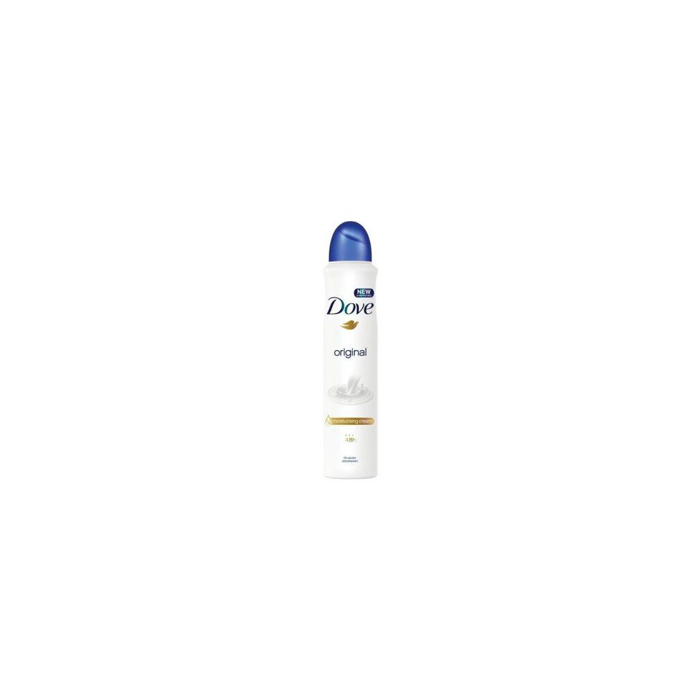 Dove Original Deodorant Spray. Witte spray met blauwe dop. Dove-logo en 'Original' zichtbaar. Product op witte achtergrond.