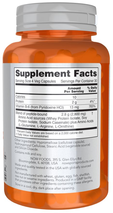 Dos du flacon. Contient les informations nutritionnelles, les ingrédients et les coordonnées du fabricant. Contient 2,8 g d'acides aminés et de vitamine B-6.