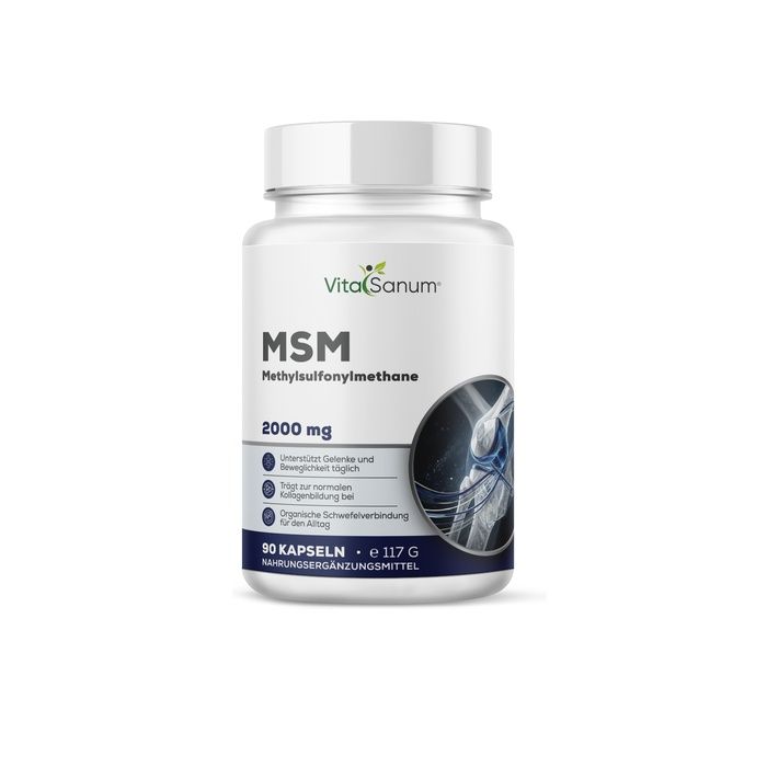 VitaSanum® MSM 2000 mg capsules: Witte pot met blauw etiket, toont gewrichtsafbeelding en productinformatie.