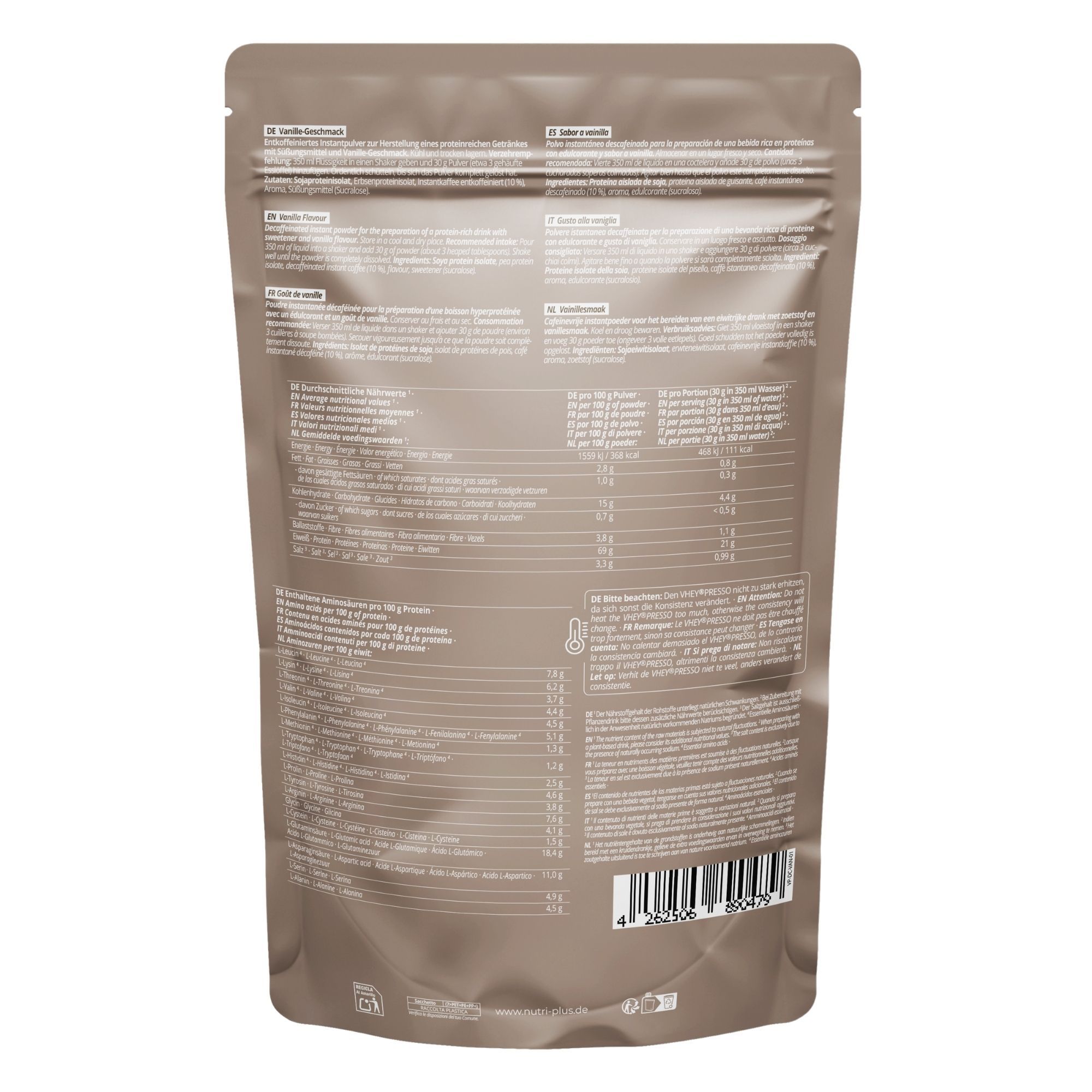 Arrière d'un sachet brun avec tableau nutritionnel et liste des ingrédients en plusieurs langues.