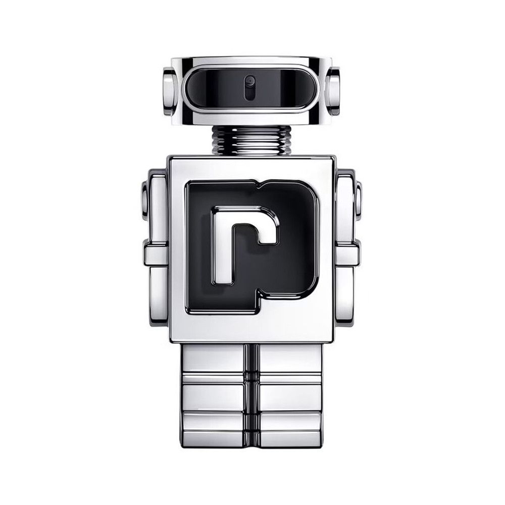 Flacon robot argenté avec logo "P" noir. Debout.