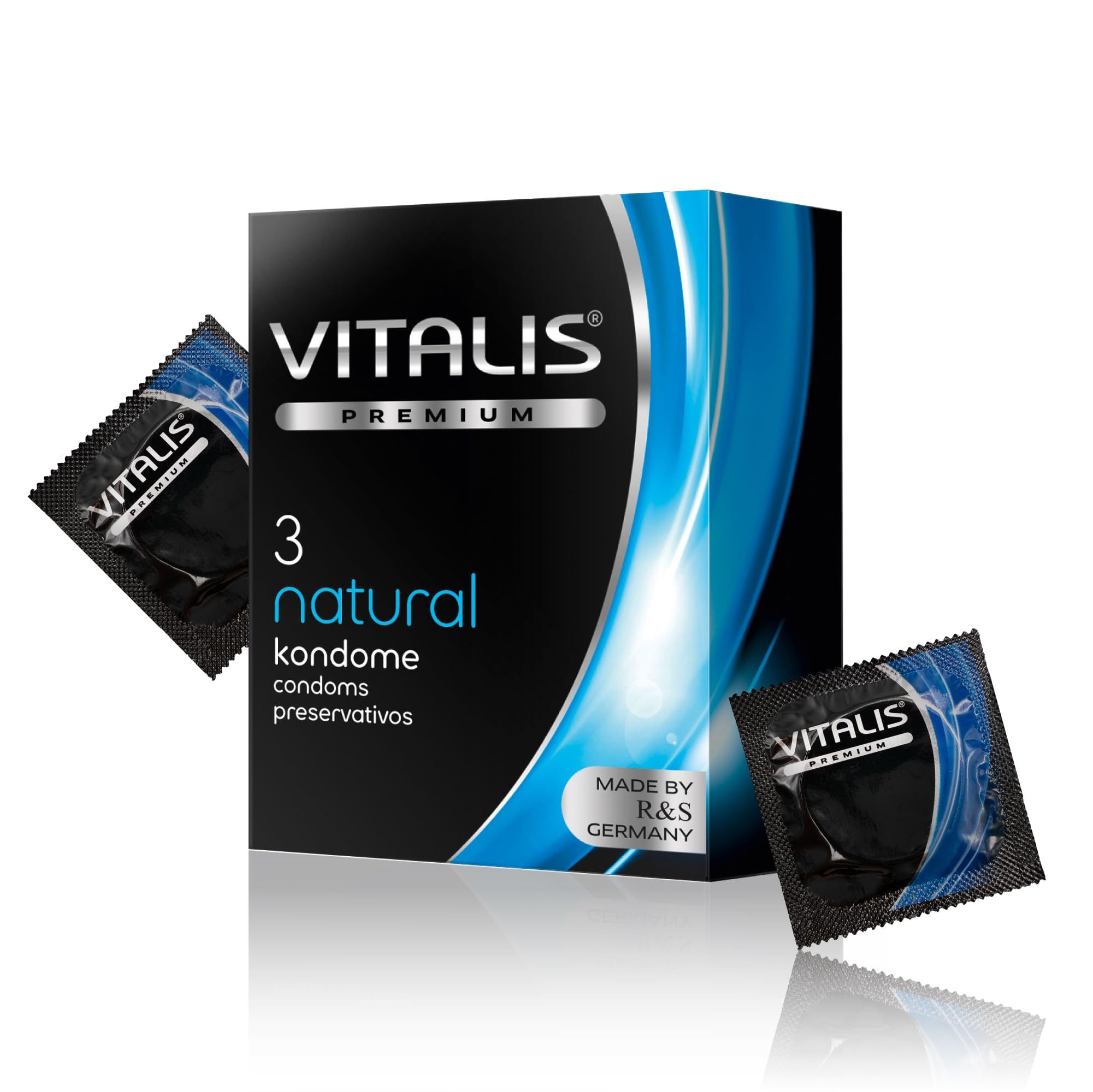 Boîte de préservatifs Vitalis PREMIUM Natural, 3 pièces, carton noir avec accents bleus.