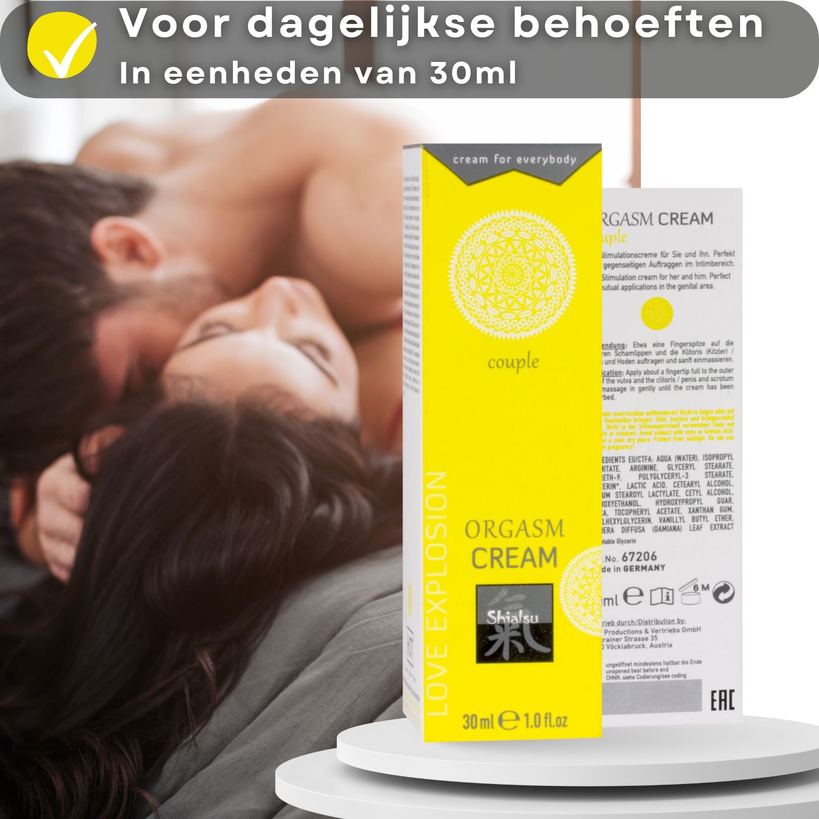 Gele tube en doos. Opschrift: ORGASM CREAM, Shiatsu, 30 ml. Koppel op de achtergrond.