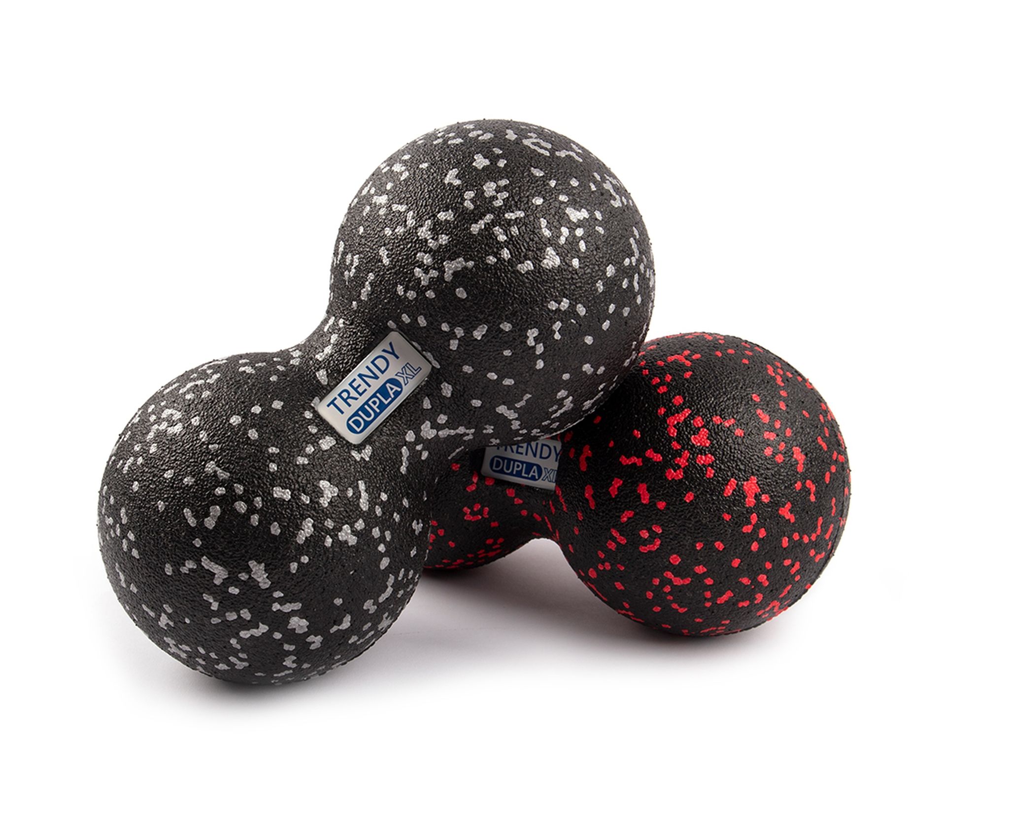 Zwarte fascia duoball met witte stippen en rode bal met rode stippen. Trendy Dupla XL label.