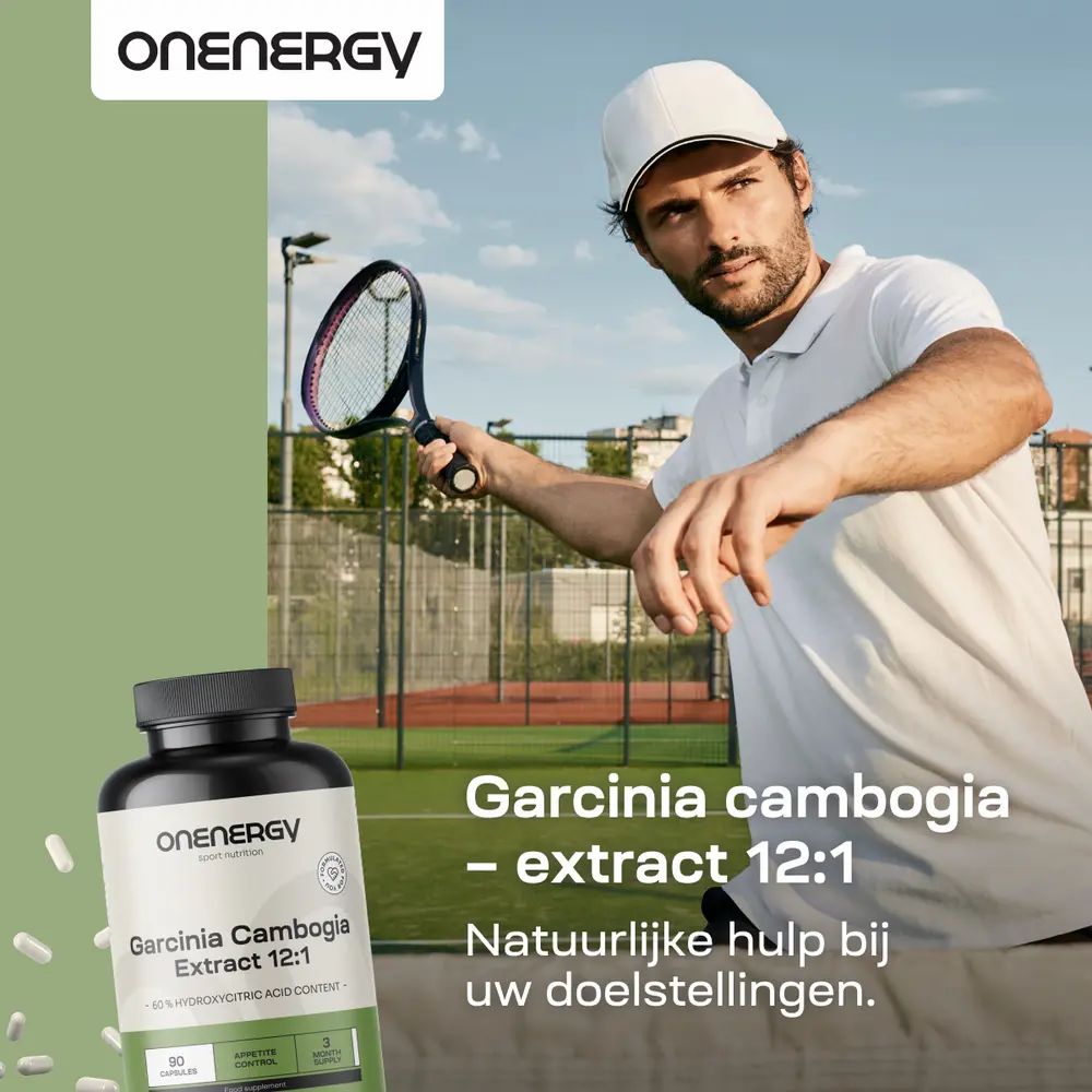 Fles OnEnergy Garcinia Cambogia Extract 12:1, 90 capsules, voorkomt vetophoping.