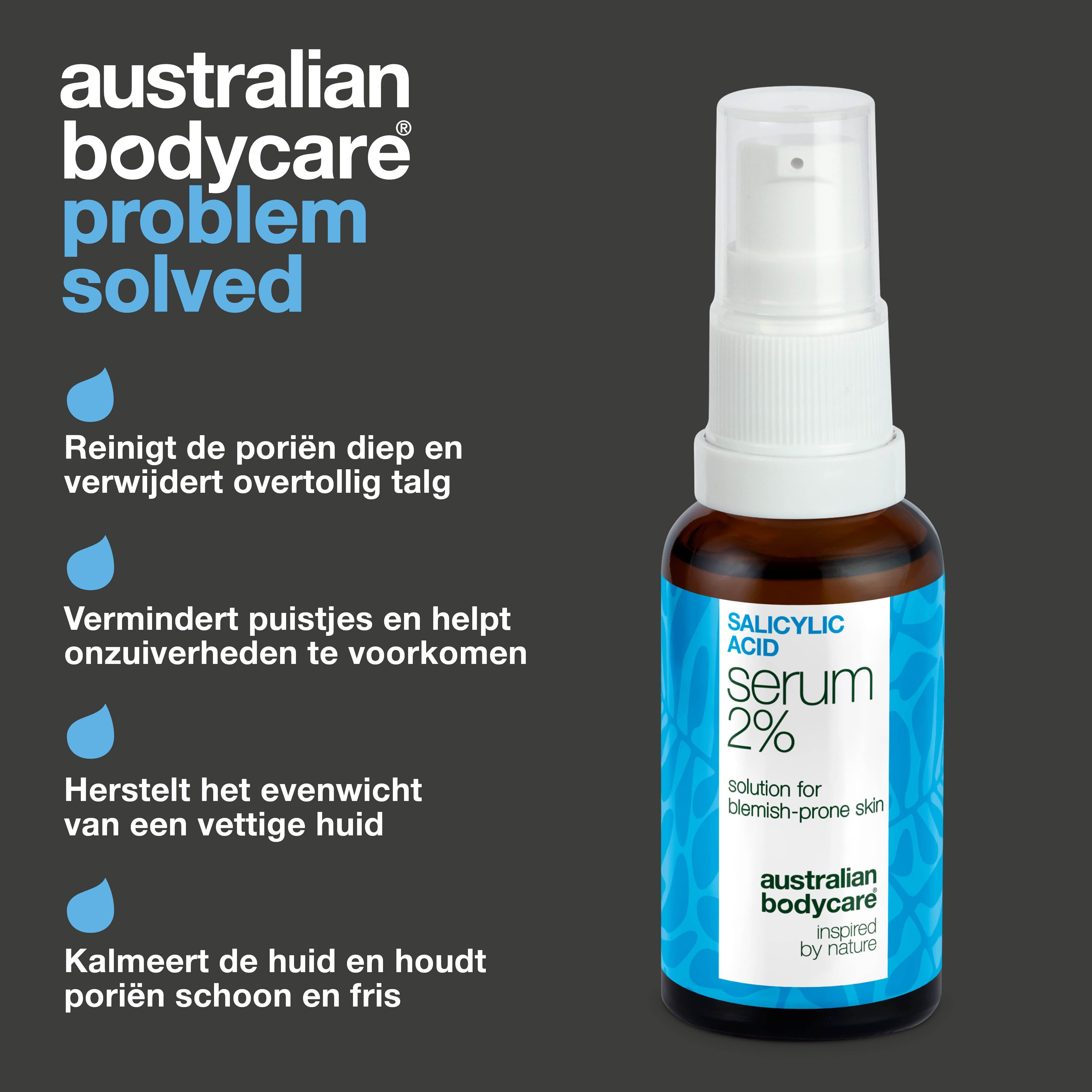 Flesje serum, tekst: Salicylic Acid Serum 2%, australian bodycare. Tekst: Probleem opgelost.