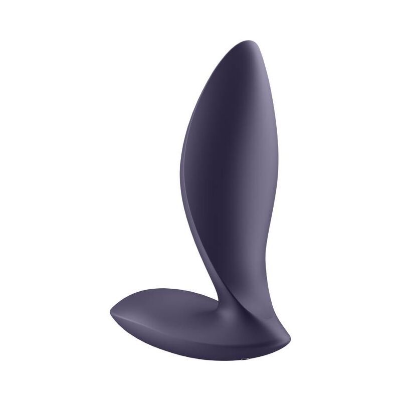 Vibrateur anal violet foncé vu de côté, de forme incurvée avec une base large.