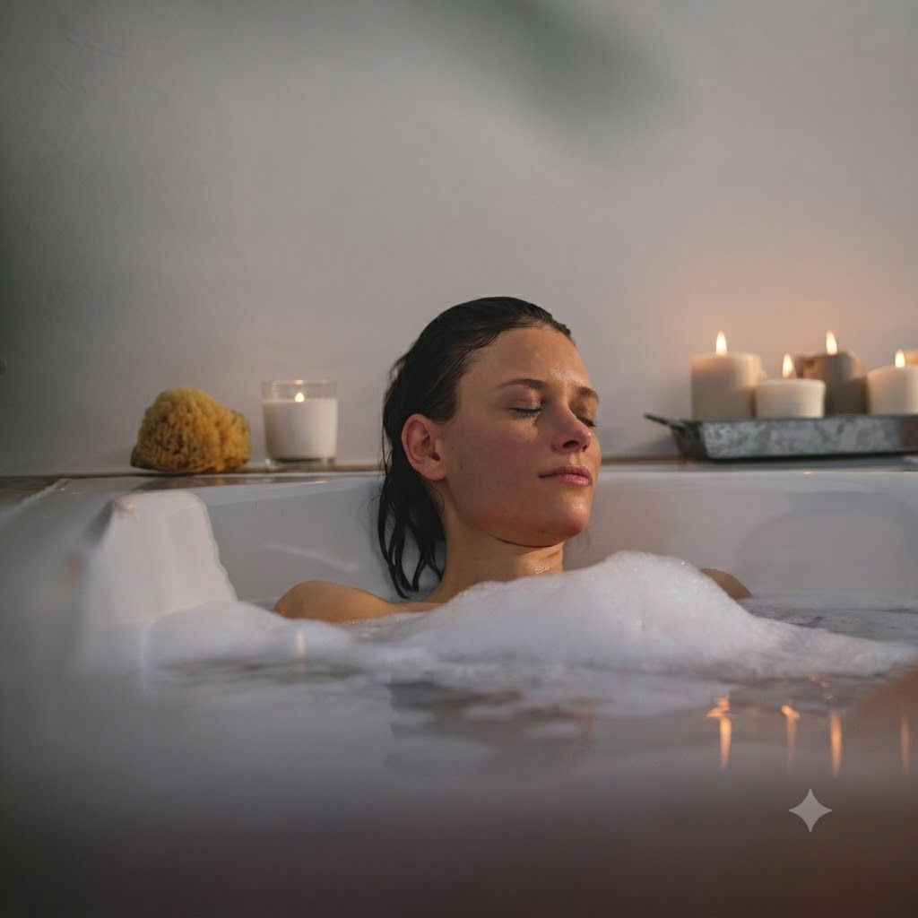 Femme se détendant dans une baignoire avec des bougies et de la mousse.