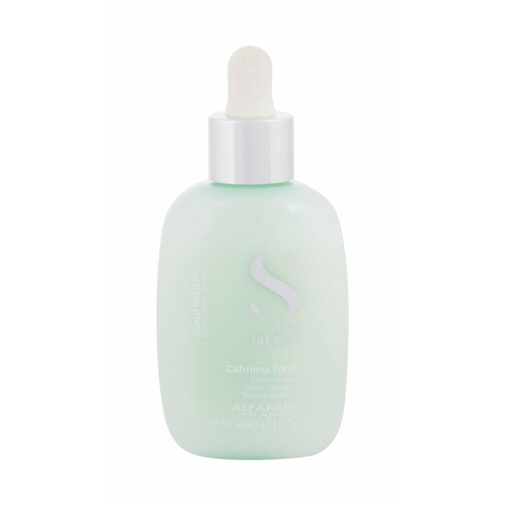 Groene fles met zilveren pipet. Opschrift: Semi Di Lino, Calming Tonic. Merk: Alfaparf Milano.