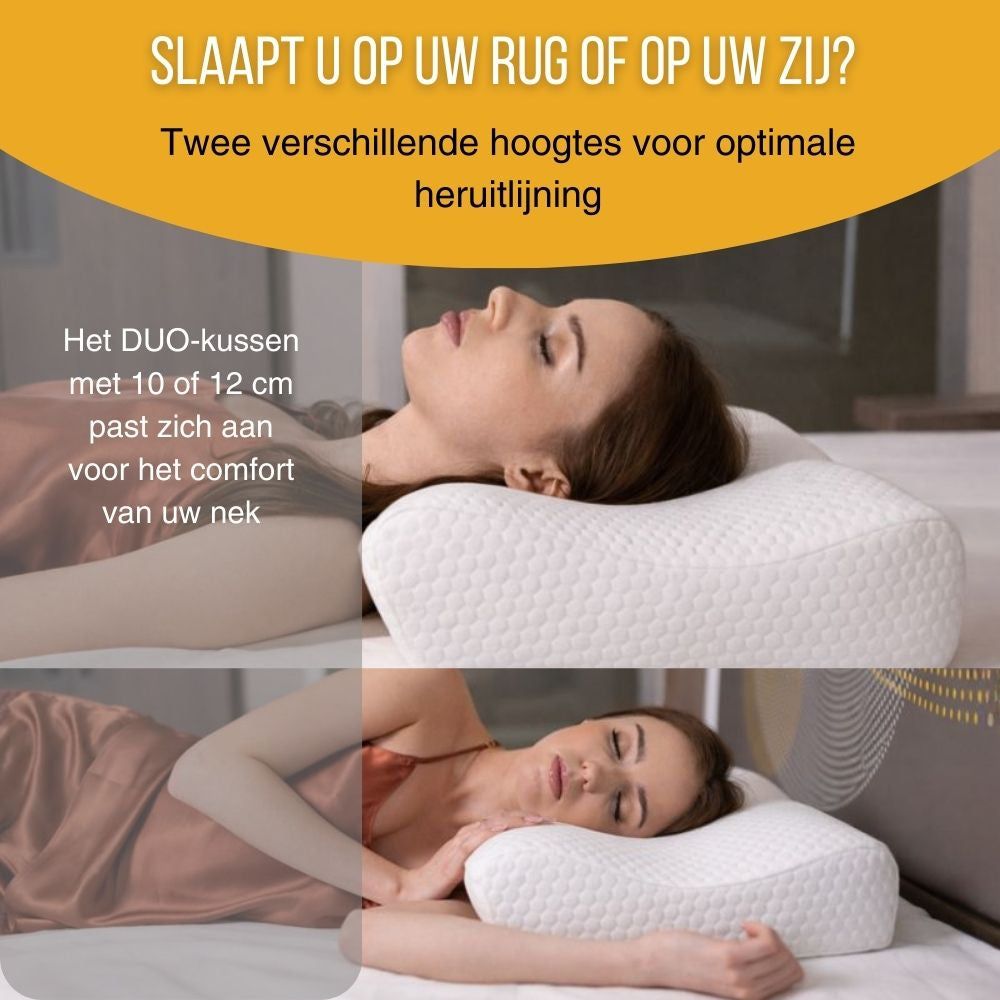 Duo-kussen. Twee hoogtes. Vrouw slaapt op rug en zij. Wit kussen.