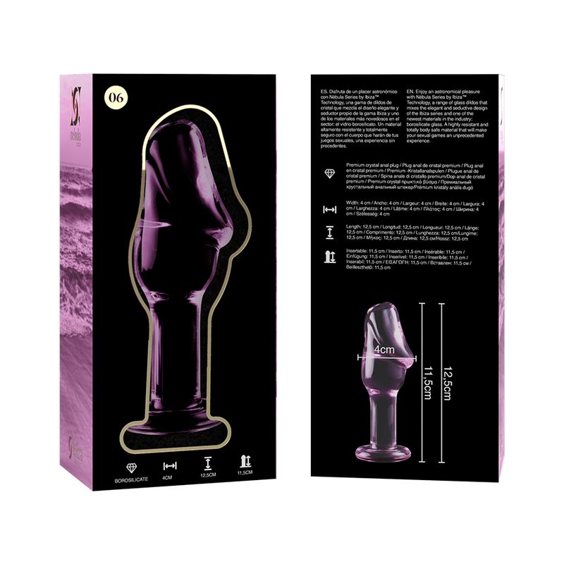 Plug en verre violet avec base large, 12,5 cm de long, 4 cm de large.