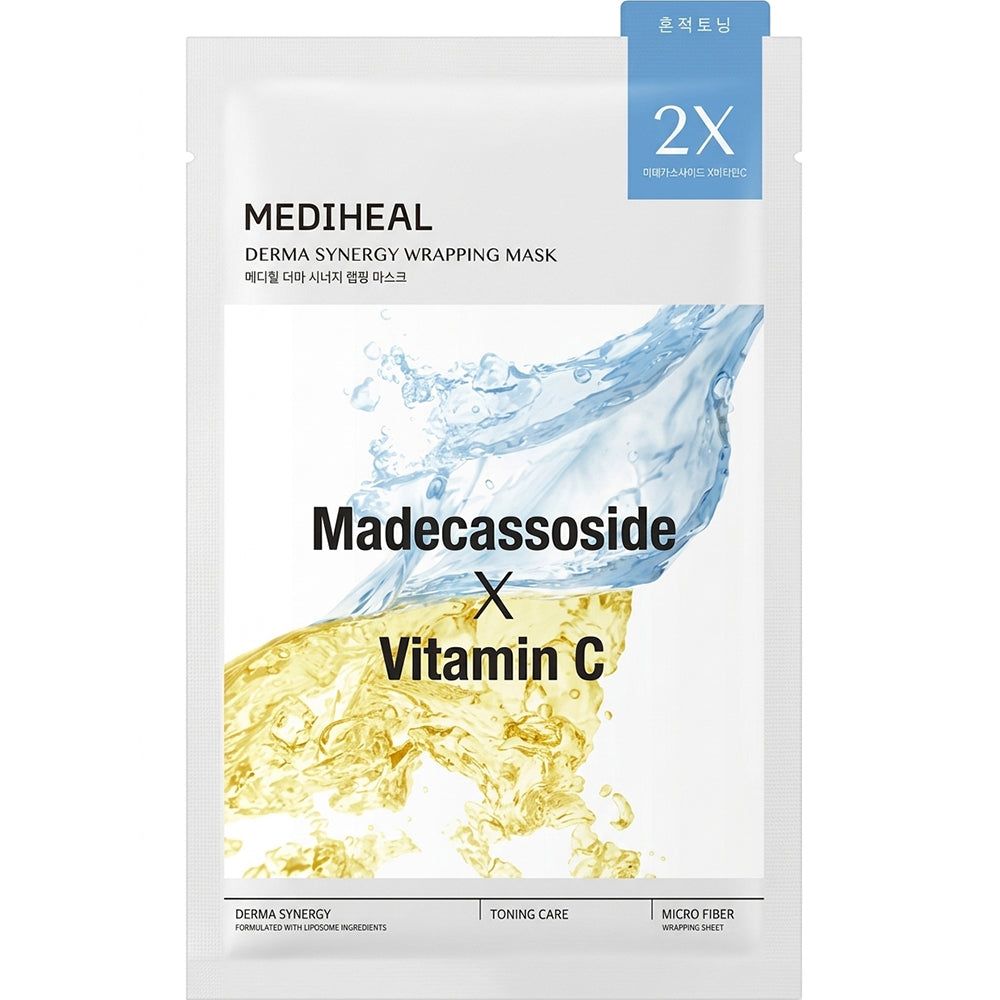 Verpakking gezichtsmasker. Opschrift: Madecassoside X Vitamin C. Merk: MEDIHEAL Derma Synergy Wrapping Mask. Bevat 2 maskers.