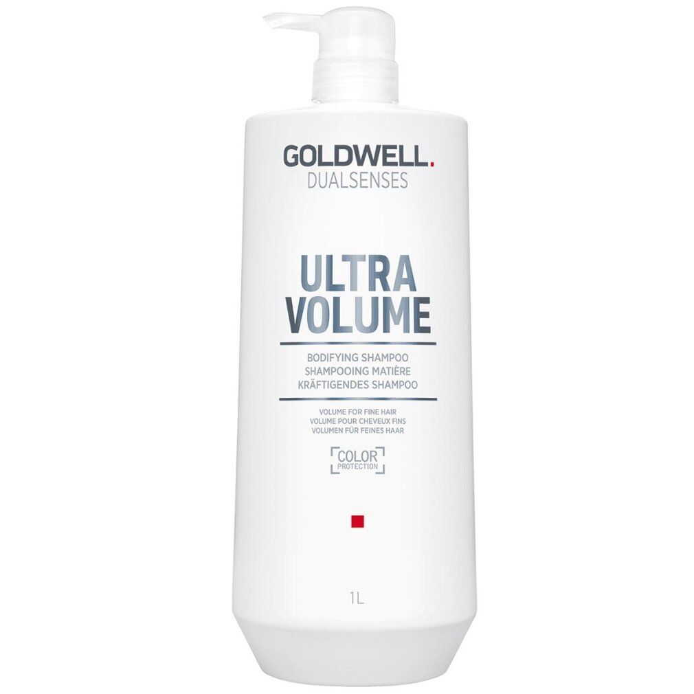 Flacon blanc Goldwell Dualsenses Ultra Volume Shampoo avec pompe. Texte: Ultra Volume, Bodifying Shampoo.