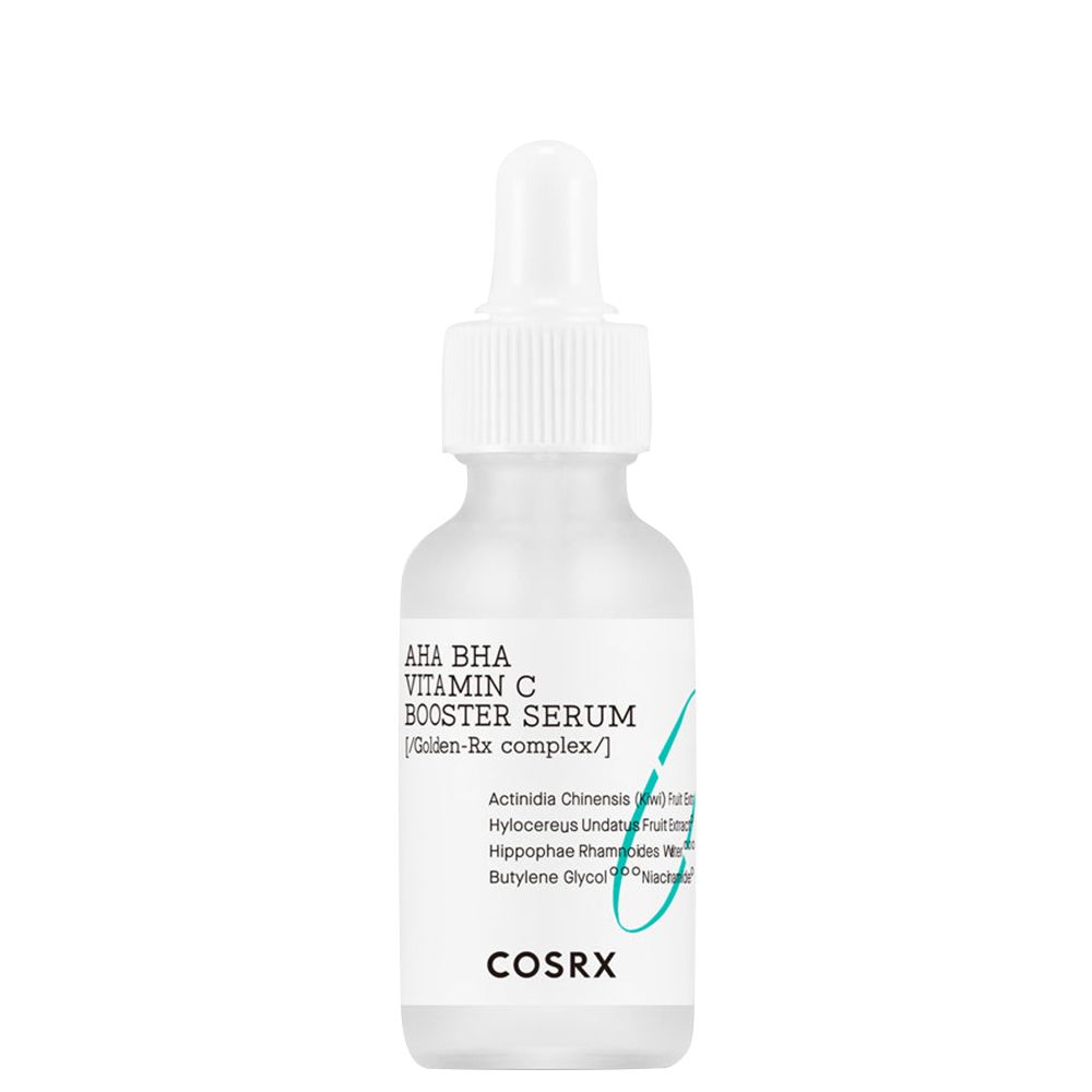 Flacon de sérum avec pipette. Inscription : AHA BHA Vitamin C Booster Serum. Marque : COSRX.