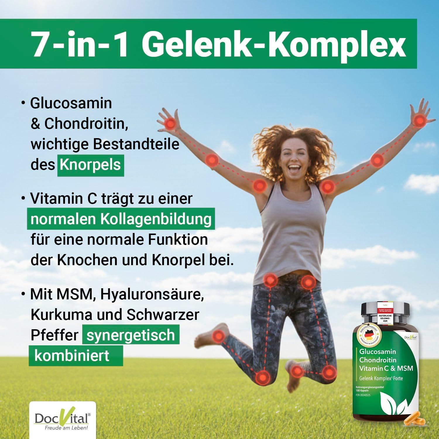 Femme saute de joie, Complexe Articulaire 7-en-1 avec Glucosamine, Chondroïtine, Vitamine C, MSM.