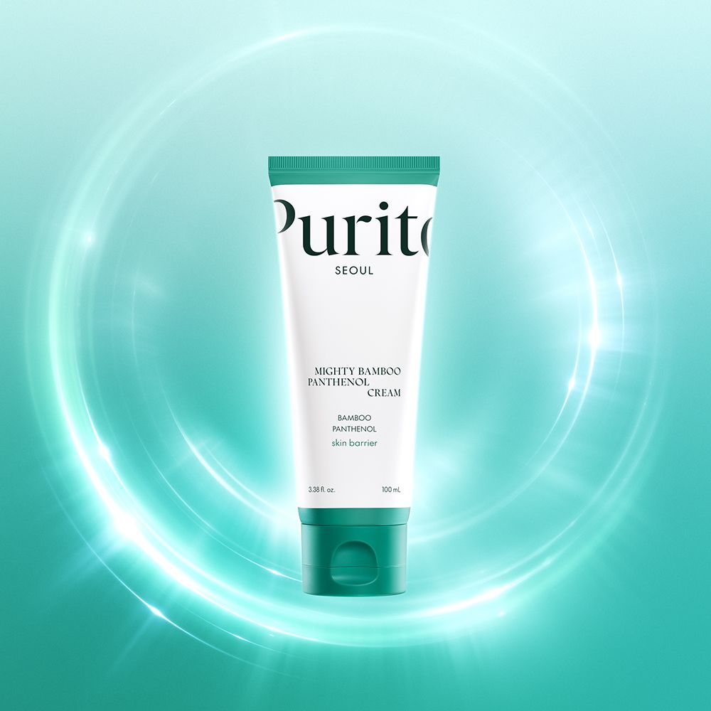 Tube Purito Mighty Bamboo Panthenol Cream avec des anneaux lumineux.