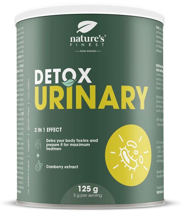 Boîte Nature's Finest Detox Urinary. Vert, blanc et jaune. Texte: Detox Urinary, 2 en 1 effet, extrait de canneberge, 125 g.