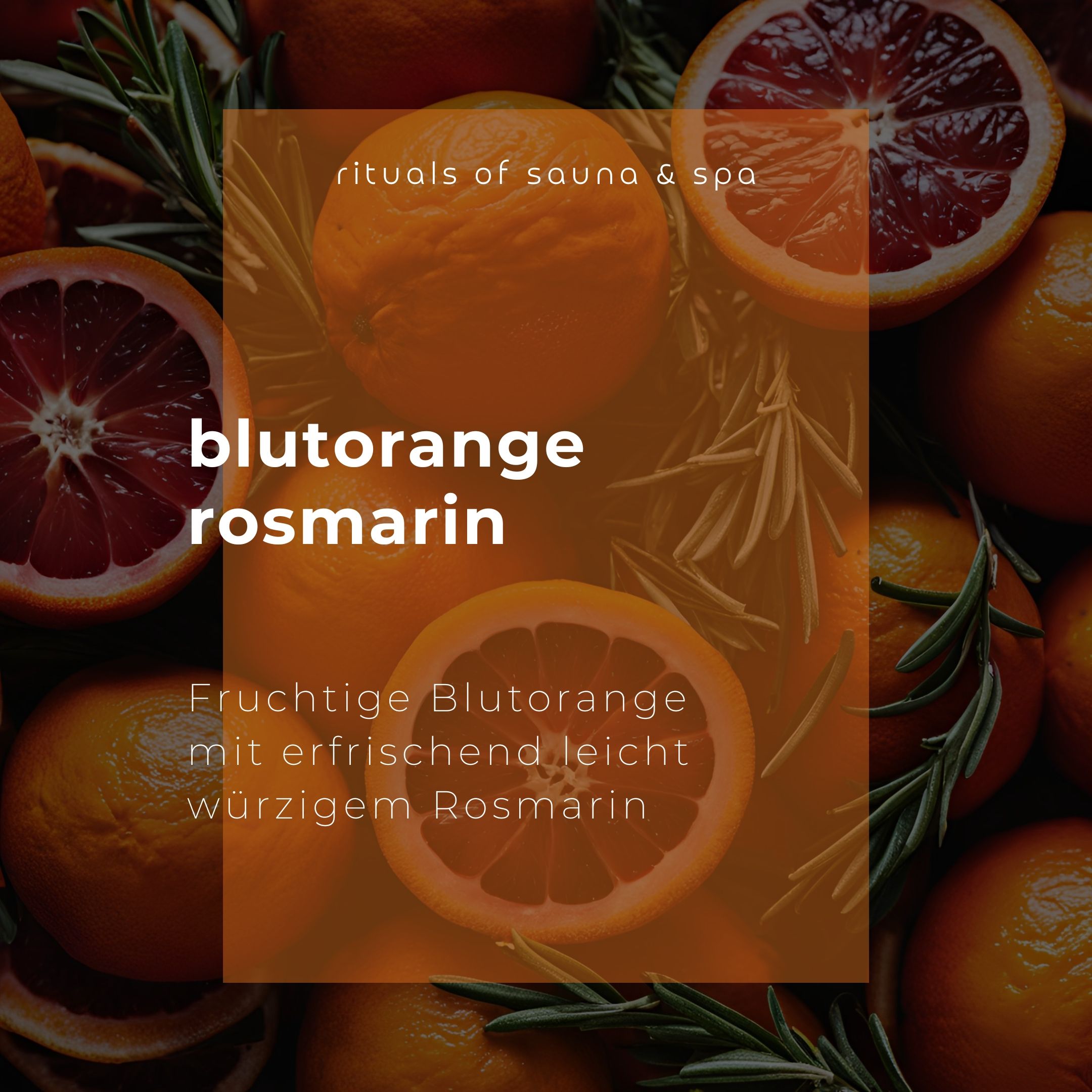 Bloedsinaasappelen en rozemarijntakken op bruine achtergrond. Witte tekst: Blutorange Rosmarin.