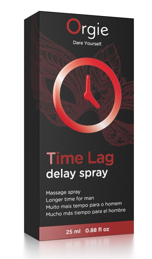 Boîte noire avec logo et texte rouges. Nom du produit : Time Lag delay spray. Marque : Orgie. 25 ml.