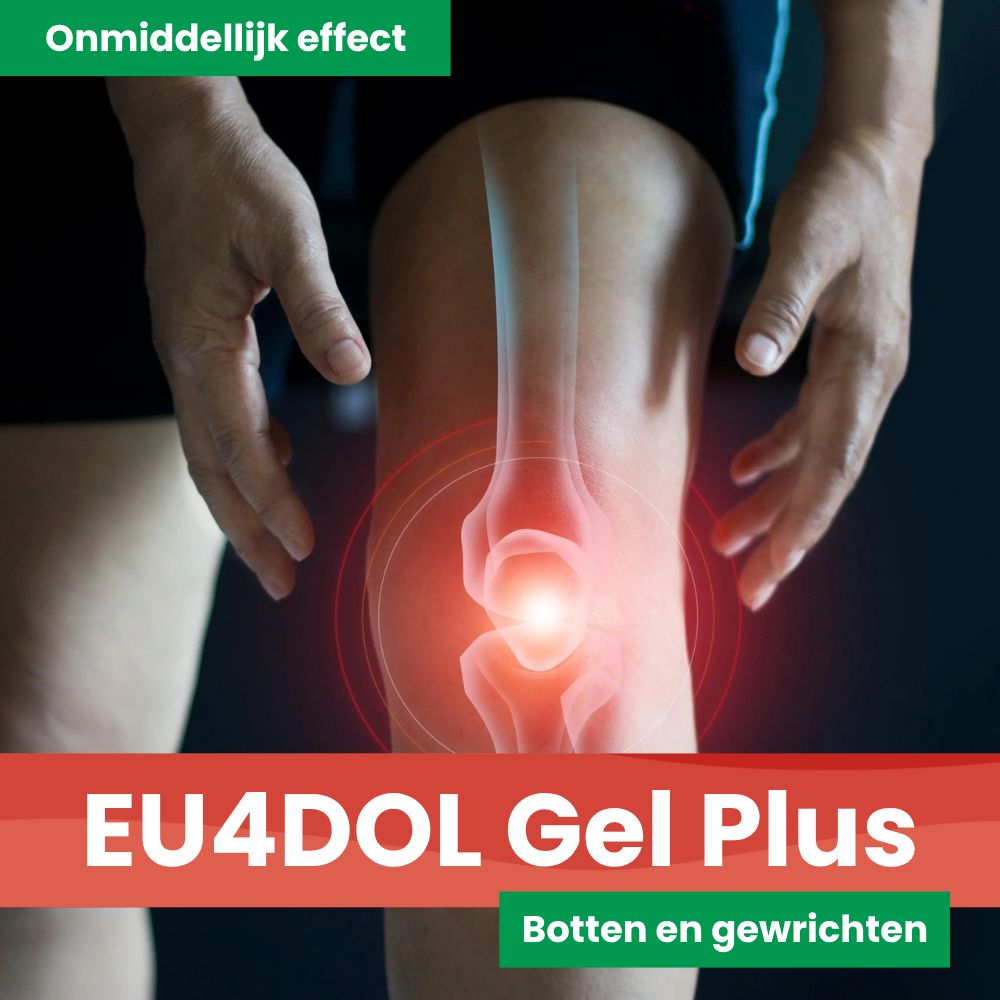 Knie met rode markering. Tekst: EU4DOL Gel Plus, botten en gewrichten.