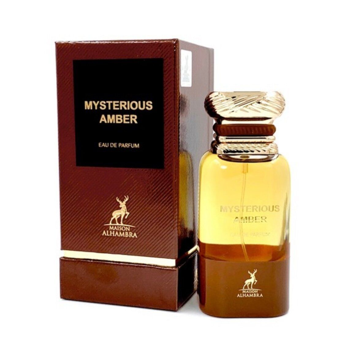 Flacon de parfum et boîte pour "Mysterious Amber Eau de Parfum" de Maison Alhambra. Bouchon doré.