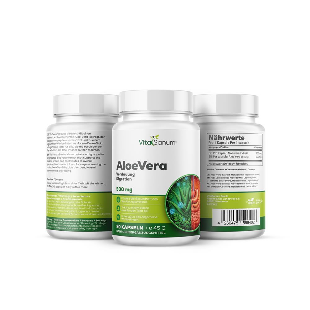 Trois flacons blancs avec étiquettes. Inscription : VitaSanum Aloe Vera, 500 mg, 90 gélules. Étiquettes vertes et blanches avec informations.