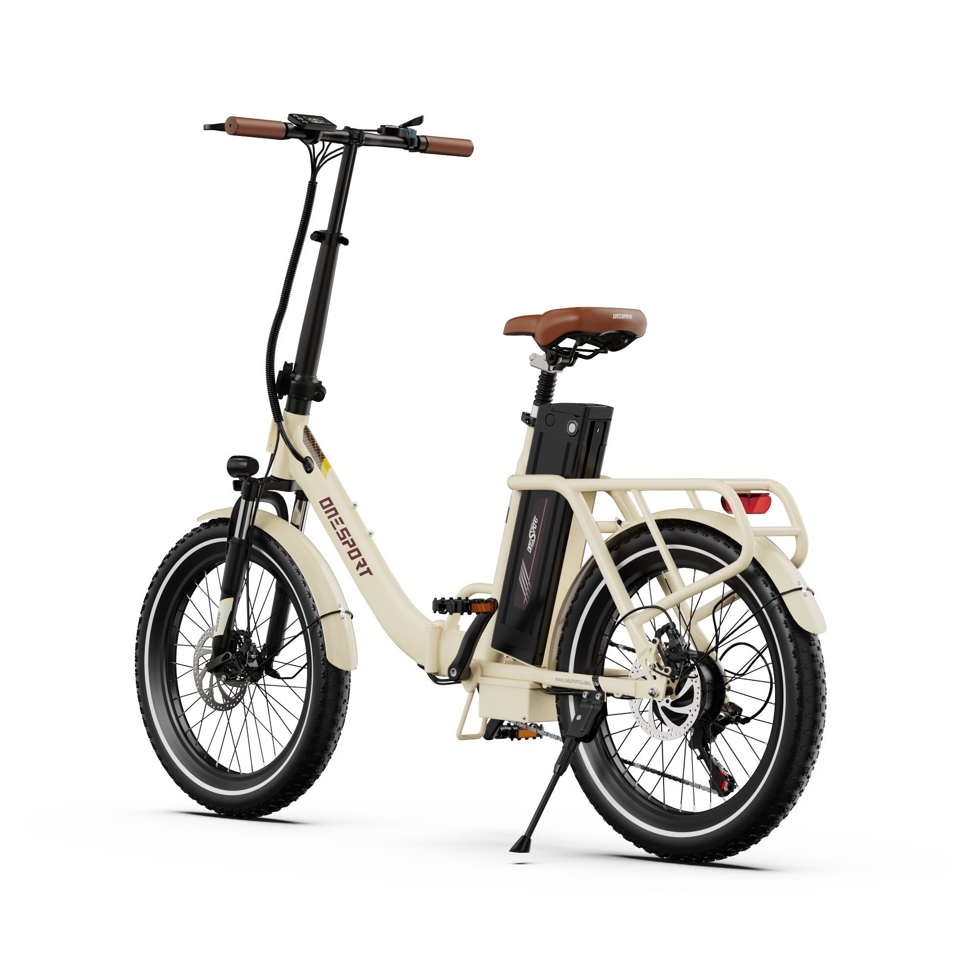 Vélo électrique beige avec guidon noir, selle marron et porte-bagages. Logo ONESPORT visible.