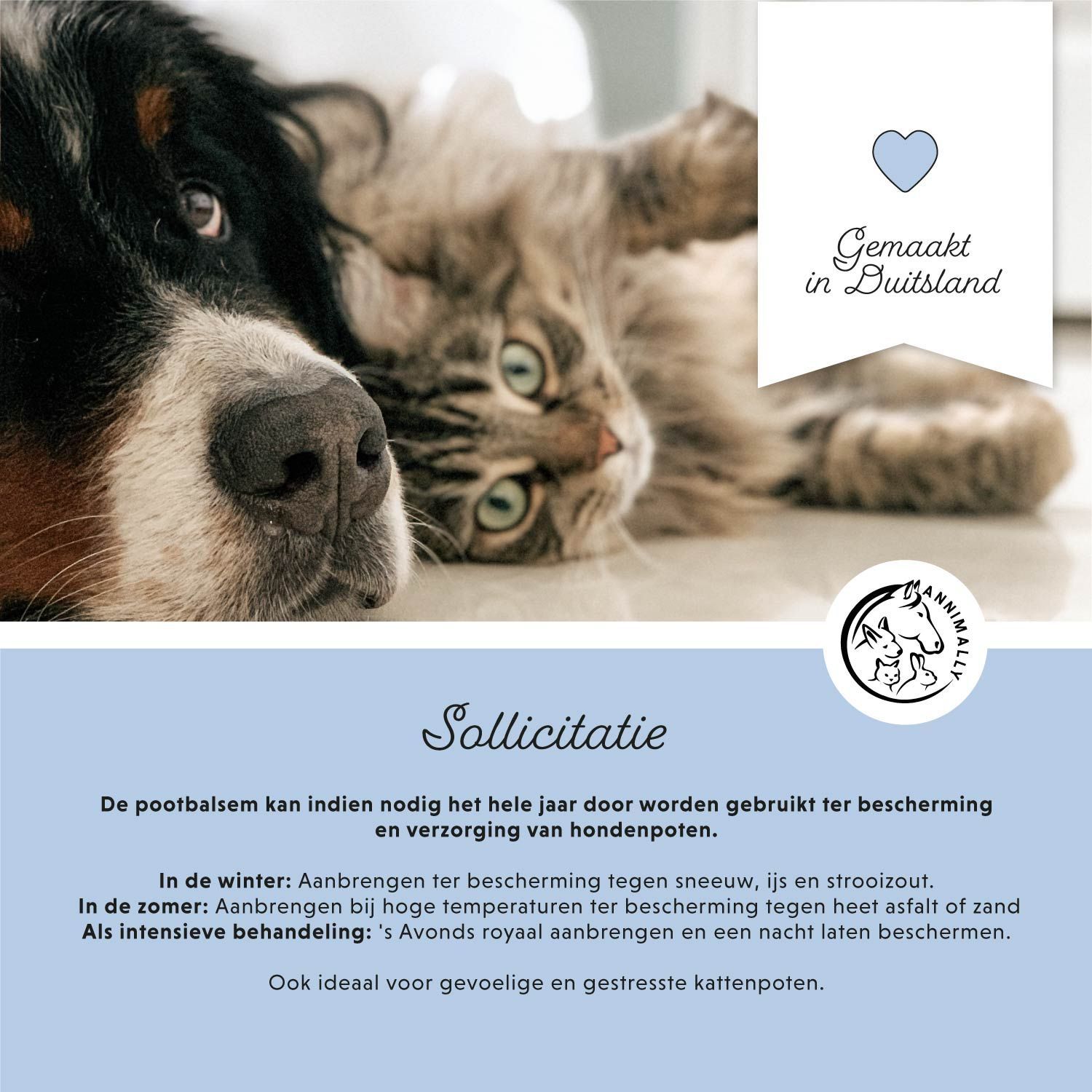 Foto met hond en kat. Tekst over de toepassing van de balsem. Logo Annimally. Gemaakt in Duitsland.