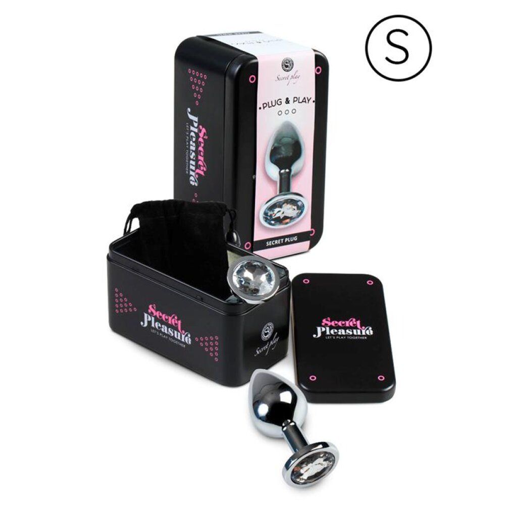 Plug anal en aluminium taille S, emballé dans une boîte métallique avec accessoires.
